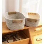 Cotton Rope Woven Storage Basket with Leather Handle Desktop Boite De Rangement Foldable Cosmetic Sundries Organizer box - Image 5