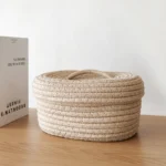 Cotton Knitting Storage Box Solid Color Oval Desktop Finishing Box with Lid Cosmetic Storage Basket - Image 3