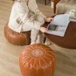 Moroccan PU Leather Pouf Embroider Craft Hassock Ottoman Footstool Cover Round Artificial Leather Pouffe Cushion Unstuffed - Image 3
