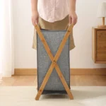 Dirty Clothes Laundry Basket Wood Bracket Foldable Cotton Linen Storage Baskets Bathroom Organizer Japanese Style Clothes Hamper - Image 3