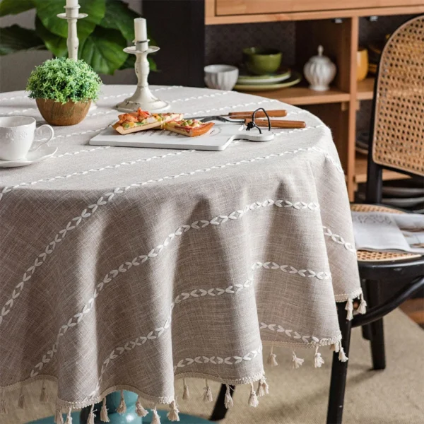Cotton Linen Round Tassels Tablecloth, Dust-Proof Table Cover,For Dinner Party Wedding Coffee Table Kitchen Decor