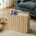 1Pc Boho Modern Farmhouse Magazine Rack, Hand-Woven Wicker Basket with Scalloped Edges,Magazine Storage Organizer, Shelf Baskets