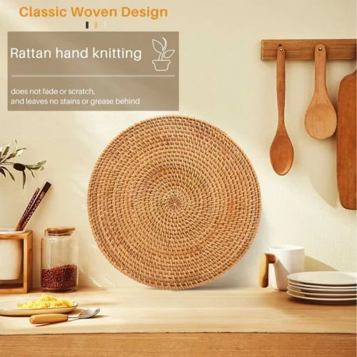 Handwoven Rattan Placemats,Round Wicker Table Mats, Natural Woven Placemats For Dinner Table,Heat Resistant Mats