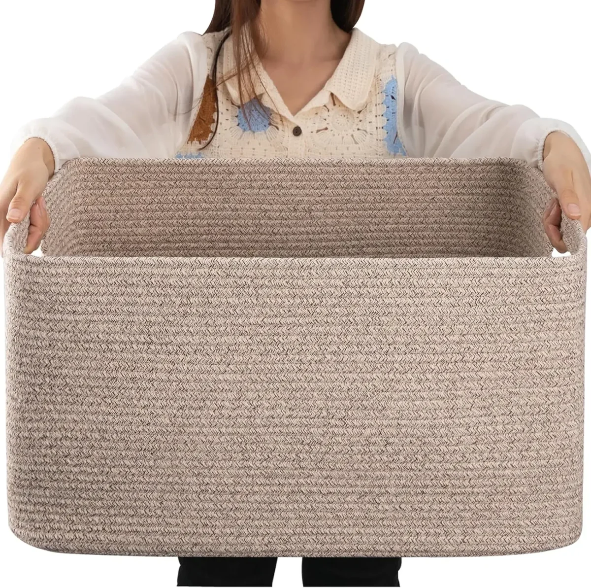 Large Blanket Basket, Woven Blanket Storage Basket with Handle, Cotton Rope Basket - Image 7