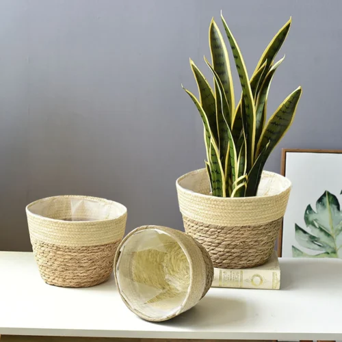 Home Decor Round Handmade Straw Plant Pot Flower Pot Storage Flower Basket