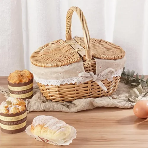 Wicker Picnic Basket with Handle High-End Camping Picnic Hamper Kitchen Willow Storage Basket Fruit Vegetable Container Basket