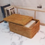 Hand-Woven Rattan Laundry Basket with Cover Large Clothing Sundry Books Primary Color Storage Basket Home Supplies
