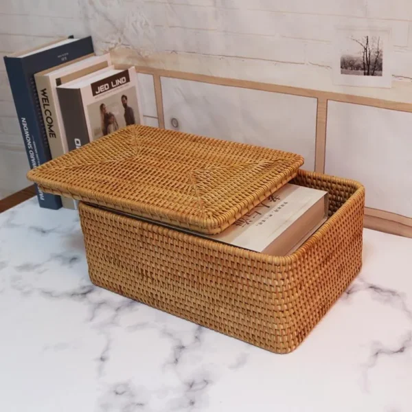Hand-Woven Rattan Laundry Basket with Cover Large Clothing Sundry Books Primary Color Storage Basket Home Supplies