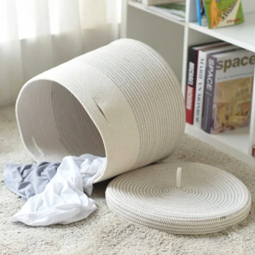 Cotton Foldable Laundry Basket with Lid for Clothes Toys Woven Collapsible Hamper Home Storage Organizer for Living Room Bedroom