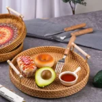 1PC Woven Rattan Storage Basket with Strap Handle round Tray for Bread Snacks Fruits Picnic - Home Organization Basket - Image 5