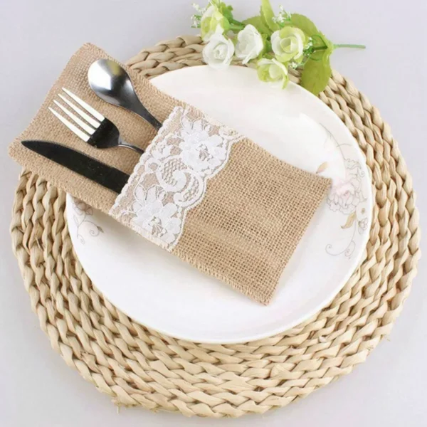 Natural Burlap Tableware Utensil Holders Lace Silverware Holder Bag Wedding Decor Knife Forks Cutlery Pouch Bag Party Supplies