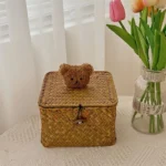 Ins Bear Storage Basket - Woven Willow Desktop Organizer with Dustproof Lid - Image 4