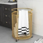 Rolling Metal Dirty Clothes Basket, Wheeled Clothing Storage Basket for Bathroom, Living Room Storage and Organization