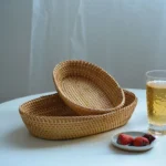 Rattan basket wooden woven basket fruit plate bread snack groceries steamed bun dining table coffee table top storage basket - Image 3