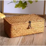 +Handwoven Seagrass Shelf Basket with Lid, Rectangular Desktop Organizer for Makeup & Sundries - Image 5