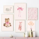 Pink Bow Balloons Swan Teddy Bear Cherry Watercolor Posters Prints Canvas Printing Wall Art Picture for Living Room Home Decor
