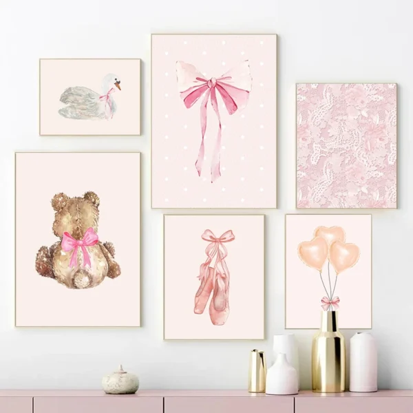 Pink Bow Balloons Swan Teddy Bear Cherry Watercolor Posters Prints Canvas Printing Wall Art Picture for Living Room Home Decor