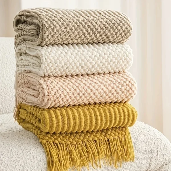 Contemporary Textured Sofa Throw Blanket Soft Warm All Season Multi ColorFringed Edge Decorative Blanket for Couch Bed Living
