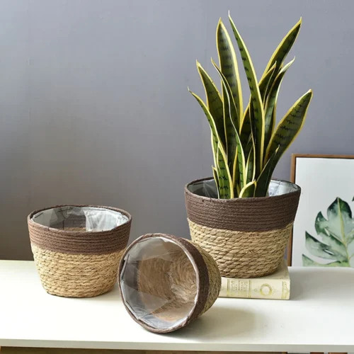Home Decor Round Handmade Straw Plant Pot Flower Pot Storage Flower Basket