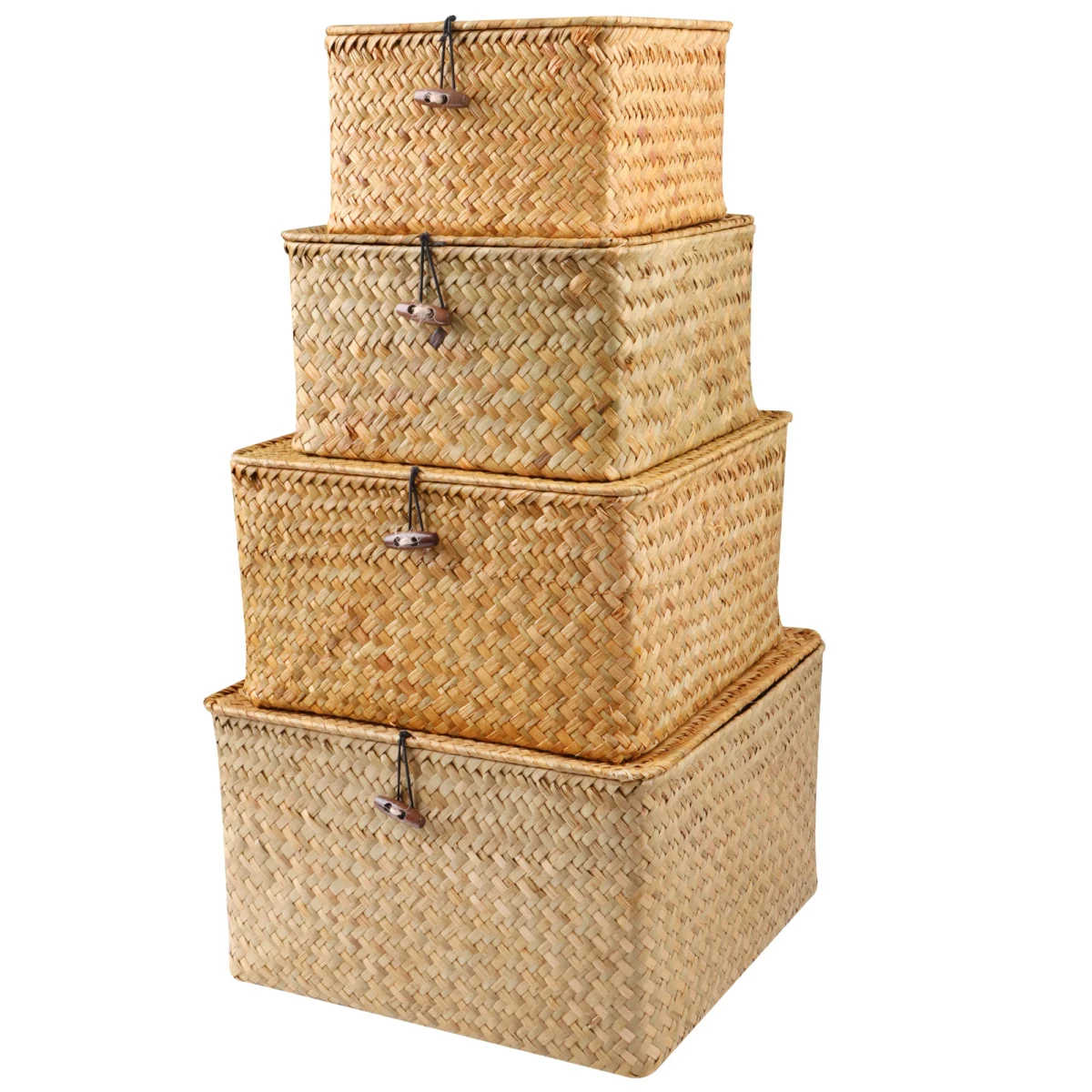 Set of 4 Seagrass Basket with Lid Wicker Storage Basket Decor Storage Boxes Flat Storage Bins Woven Organizer Baskets for Shelf - Image 2