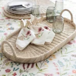 Rattan Decor Tray, Handmade Woven Rattan Tray with Handles, living room Decorative Circle Boho Tray for Coffee Table, Ottoman