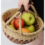 New Vietnamese Seaweed Hand-woven Basket Fruit Picking Basket Ins Sundries Storage Basket for Home, Picnic with Leather Handle - Image 2