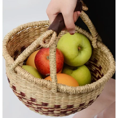 New Vietnamese Seaweed Hand-woven Basket Fruit Picking Basket Ins Sundries Storage Basket for Home, Picnic with Leather Handle