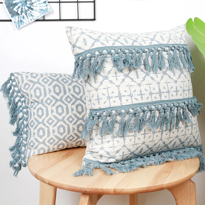 Vintage Blue Green Cushion Cover With Tassels 30X50/45X45cm Cotton Retro Throw Pillowcase For Sofa Backrest Home Decor 2 kf Sed49260930cc46c88bb3579efb313c12q