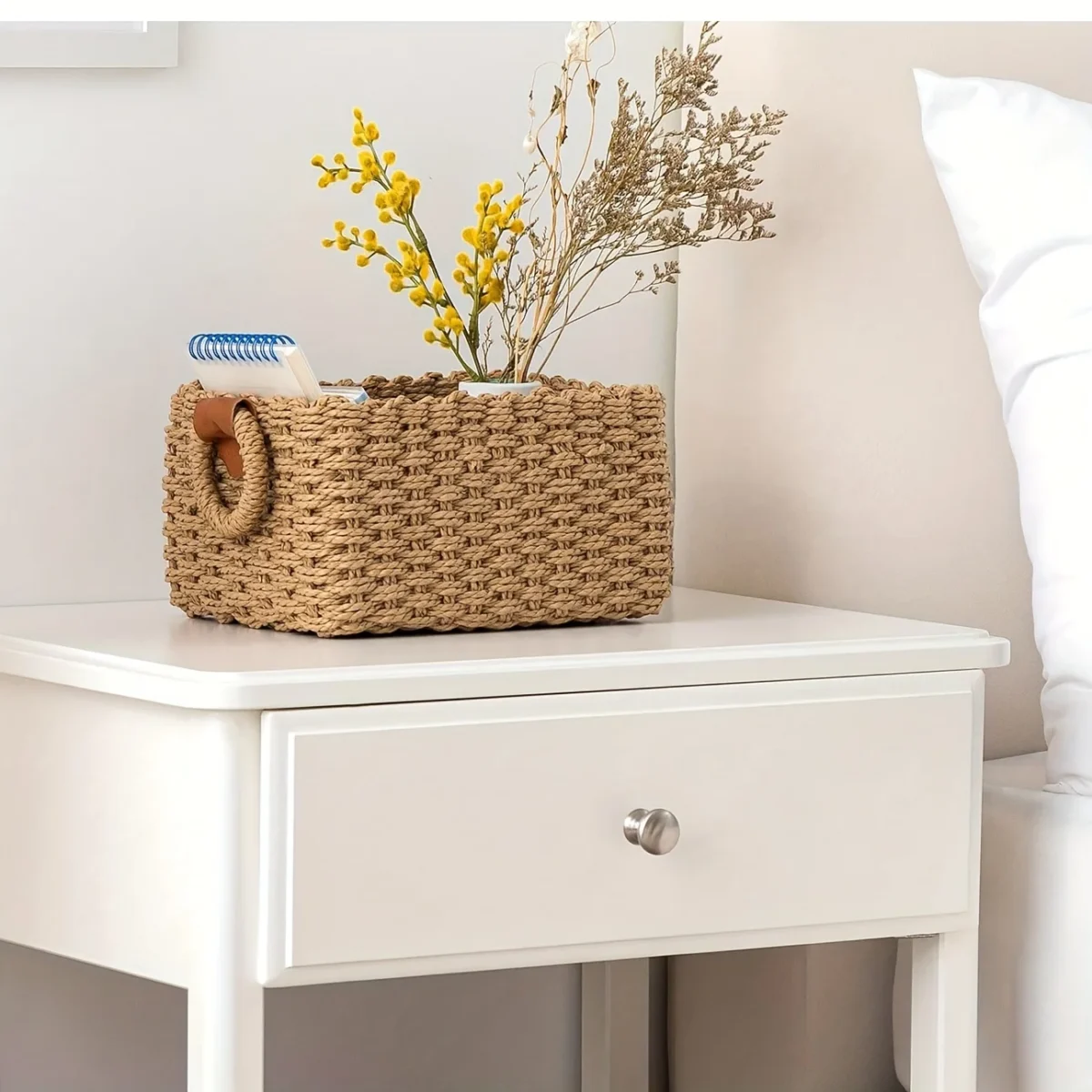 Woven Storage Basket, Paper Rope Storage Basket with Handle, Small Woven Basket for Organising, Decorated Cute Gift Basket - Image 5