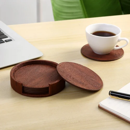 6 Wood Grain Leather Coasters Placemats Tea and Coffee Cups Cushions Home Bar Counter Insulated Rack Non Stick