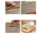 Cotton Rope Woven Storage Basket with Leather Handle Desktop Boite De Rangement Foldable Cosmetic Sundries Organizer box - Image 3