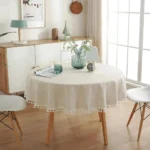 Cotton Linen Round Tablecloth, Farmhouse Dust-Proof Tablecloth,Soft and Wrinkle Free Table Cover with Tassels for Kitchen Dining - Image 4