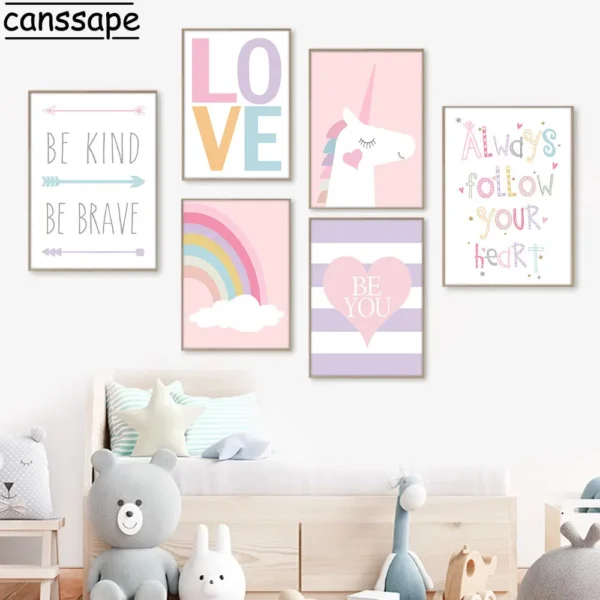 Rainbow Art Prints Unicorn Canvas Painting Pink Wall Poster Nursery Wall Pictures Nordic Posters Baby Girl Room Decoration