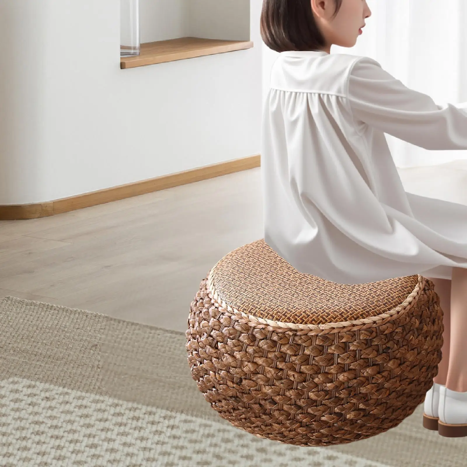 Rattan Pouf Ottoman Round Footrest Lightweight Comfortable Foot Stool for