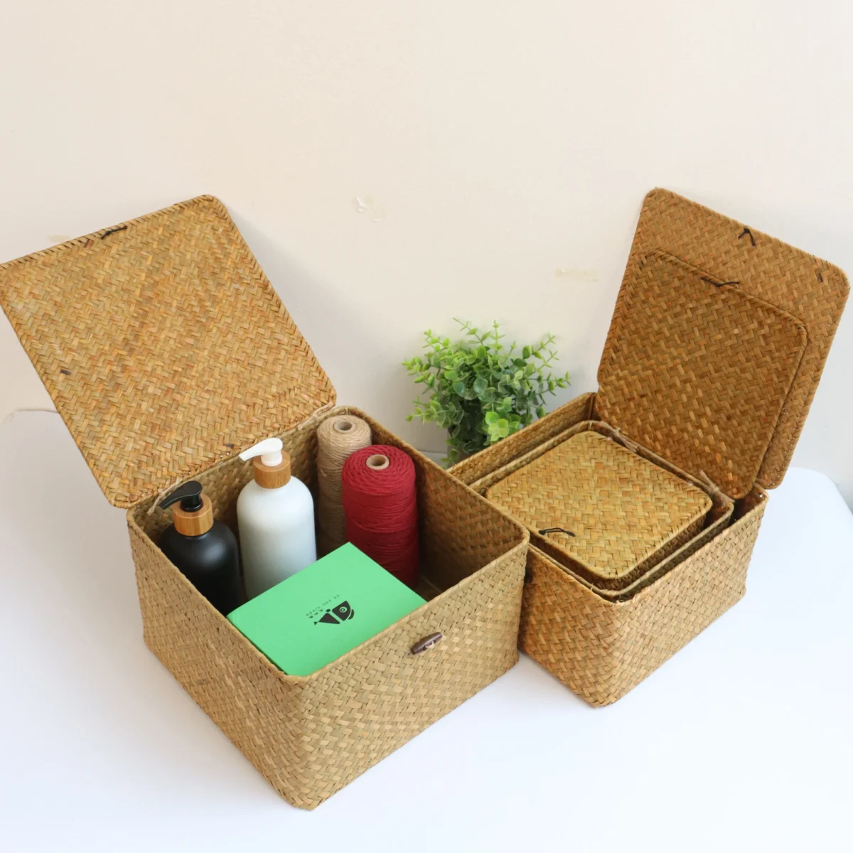 Set of 4 Seagrass Basket with Lid Wicker Storage Basket Decor Storage Boxes Flat Storage Bins Woven Organizer Baskets for Shelf - Image 5