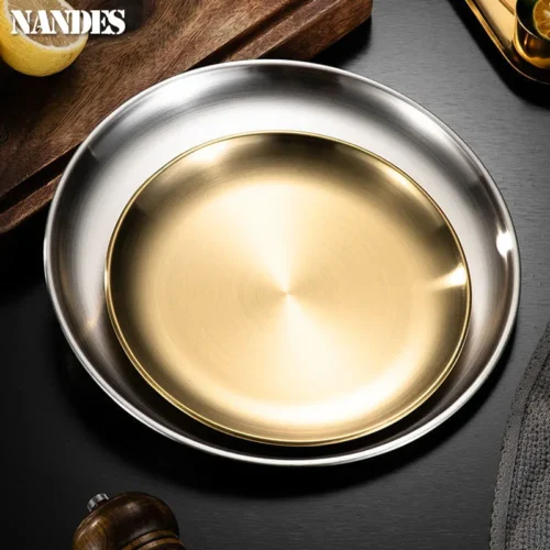 14/17/20/23/26/30CM Stainless Steel Bone Spitting Dish Gold Silver Shallow Tray Metal Dining Disc Round Plate Dessert Tableware