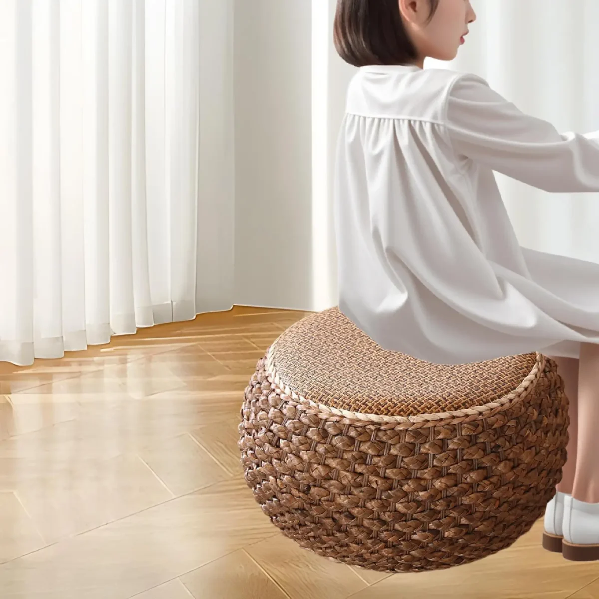 Rattan Pouf Ottoman Round Footrest Lightweight Comfortable Foot Stool for - Image 4