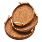 HEMU-Round Rattan Tray, Storage Basket, Tray with Wooden Handle, Bread, Fruit, Cake, Food Plate, Serving Tray for Home Kitchen - Image 4