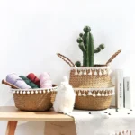 Handmade Bamboo Storage Baskets Foldable Laundry Straw Patchwork Wicker Rattan Seagrass Belly Garden Flower Pot Planter Basket - Image 3