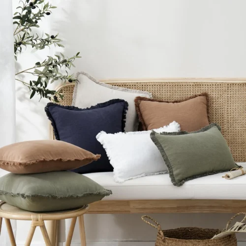 Set of 2 Decorative Linen Fringe Lumbar Throw Pillow Covers Boho Farmhouse Cushion Cover with Tassels Soft Pillowcase for Couch