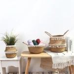 Handmade Bamboo Storage Baskets Foldable Laundry Straw Patchwork Wicker Rattan Seagrass Belly Garden Flower Pot Planter Basket - Image 4