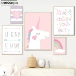 Rainbow Art Prints Unicorn Canvas Painting Pink Wall Poster Nursery Wall Pictures Nordic Posters Baby Girl Room Decoration - Image 2