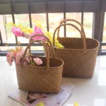 Seaweeds Woven Portable Flower Basket Handbag Durable Laundry Basket Market Bag for Outing Picnic Clothes Storage - Image 4