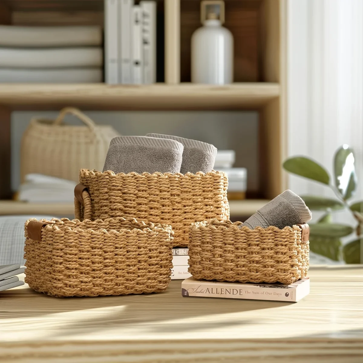 Woven Storage Basket, Paper Rope Storage Basket with Handle, Small Woven Basket for Organising, Decorated Cute Gift Basket - Image 6