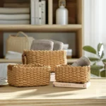 Woven Storage Basket, Paper Rope Storage Basket with Handle, Small Woven Basket for Organising, Decorated Cute Gift Basket - Image 6