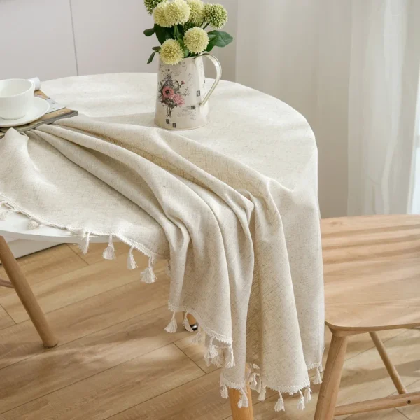 Chic Nordic Round Tablecloth - Washable Cotton Linen with Tassels