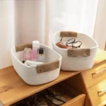 Cotton Rope Woven Storage Basket with Leather Handle Desktop Boite De Rangement Foldable Cosmetic Sundries Organizer box