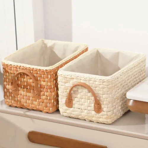 1Pcs Wicker Basket Nautral Seagrass Storage Box Basket Woven Rectangular Bins Container Rattan Storage Kitchen Organizer