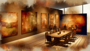 Person considering art placement in a living room with measuring tape.