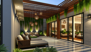 Rustic outdoor dining room with a large, wrought-iron chandelier hanging over a long wooden table. Sunlight filters through a pergola overhead.